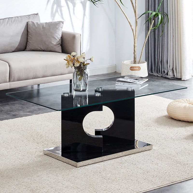 Sudica Glass Rectangular Coffee Table, 47 inch Modern Tea Table with Tempered Glass Tabletop and Black Legs for Living Room.