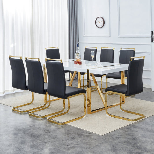 Sudica Marble Dining Set for 8, 71 inch Rectangular Marble Table with Upholstered Dining Room Chairs,Black