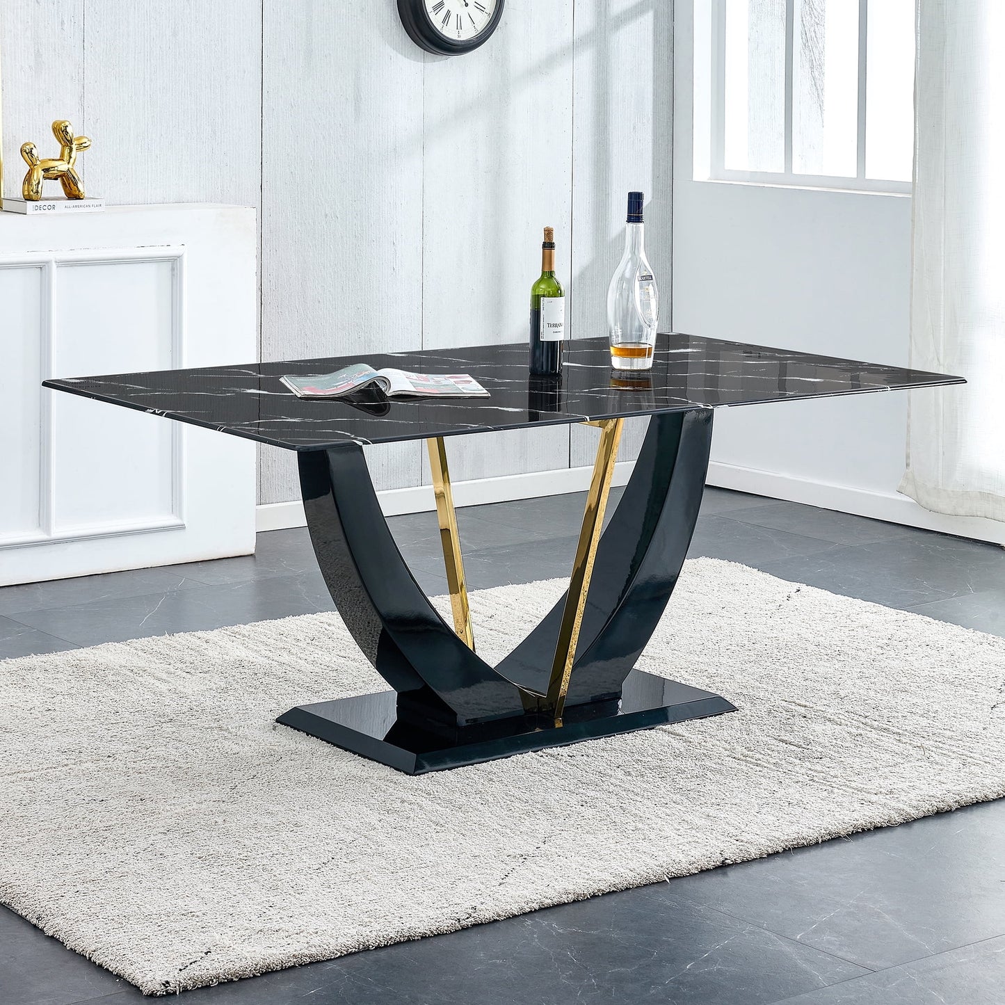 Sudica Marble Dining Table 70 inch Modern Kitchen Dining Room Table with MDF Faux Marble Table Top, Black U-Shape Base