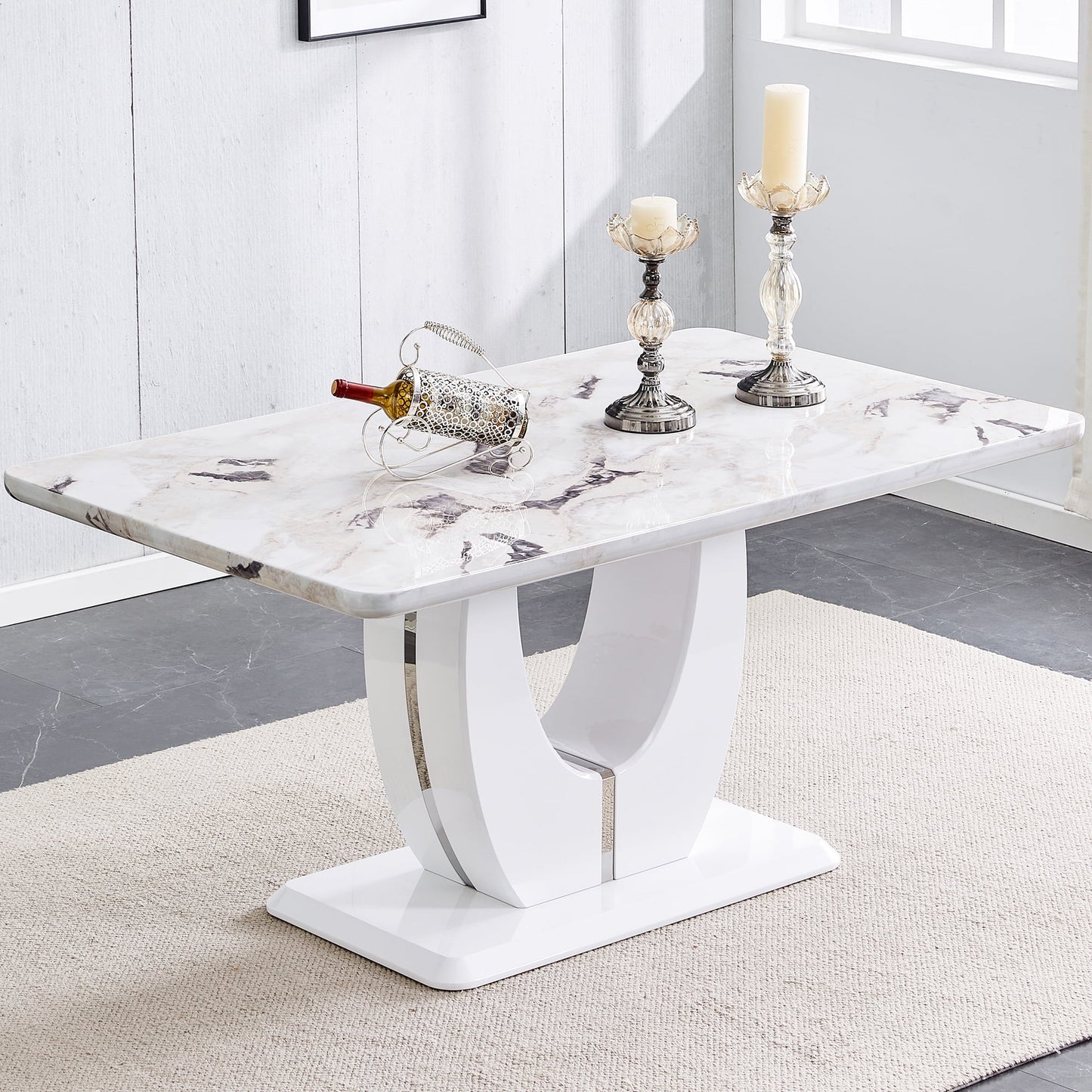 Sudica Faux Marble Dining Table for 6 People 63 inch White Faux Marble Dining Room MDF Table with U-Shaped Support