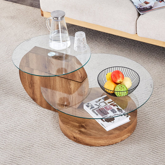 Sudica Modern Coffee Table with Double-layer Round Glass Tabletop，27 inch Tea Table with Dark Wood Grain Base,Center Table for Living Room