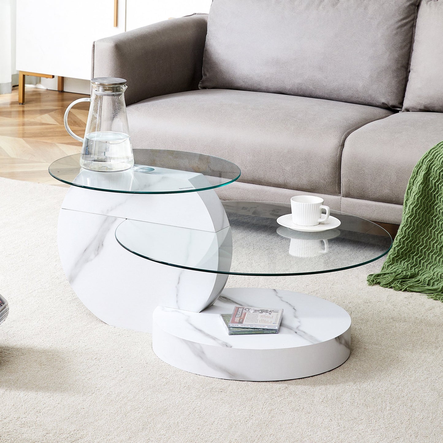 Sudica Modern Coffee Table with Double-layer Round Glass Tabletop，27 inch Tea Table with White Marble Patterned Base,Center Table for Living Room