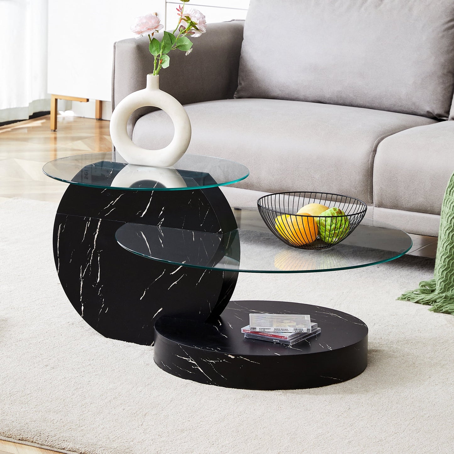 Sudica Modern Coffee Table with Double-layer Round Glass Tabletop，31 inch Tea Table with Black Marble Patterned Base,Center Table for Living Room