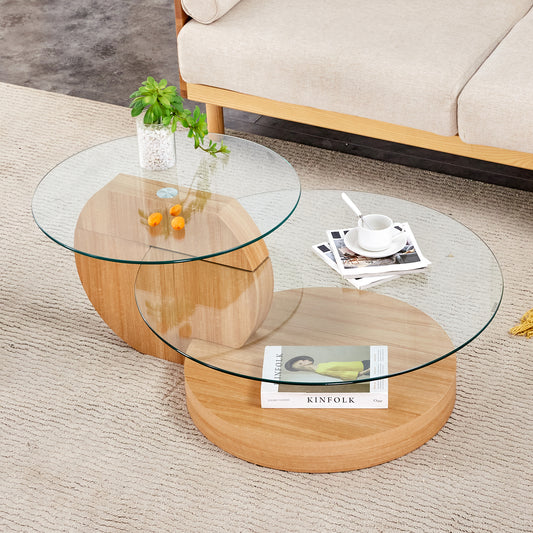 Sudica Modern Coffee Table with Double-layer Round Glass Tabletop，31 inch Tea Table with Light Wood Grain Base,Center Table for Living Room