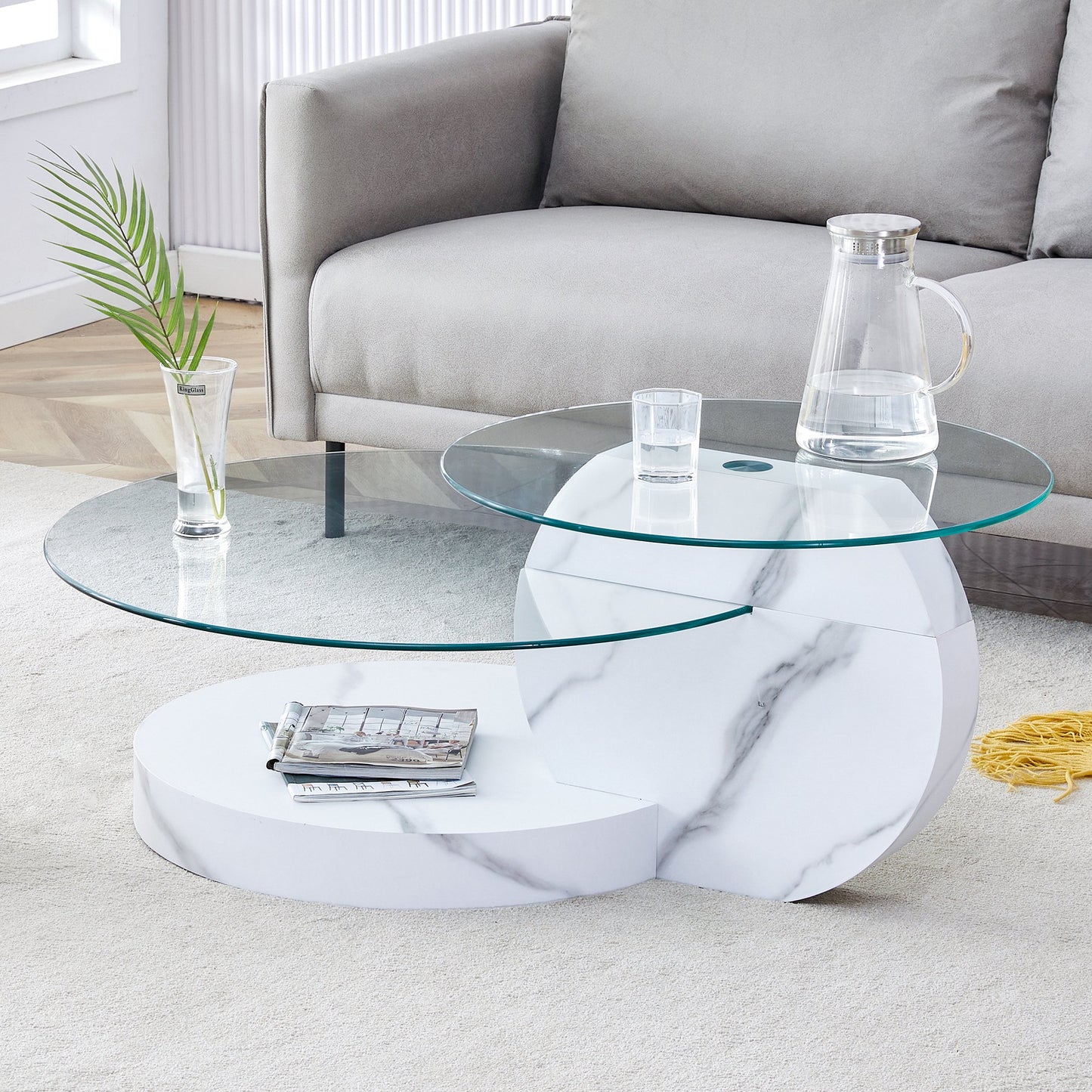 Sudica Modern Coffee Table with Double-layer Round Glass Tabletop，31 inch Tea Table with White Marble Patterned Base,Center Table for Living Room