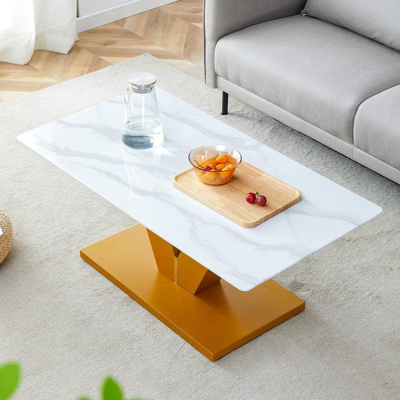 Sudica Modern Coffee Table with Tempered Glass Tabletop, 43 inch Tea Table with Golden V Shape Base for Living Room