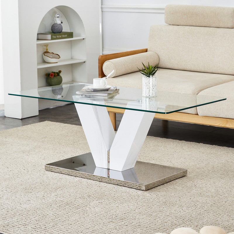 Sudica Modern Coffee Table with Tempered Glass Tabletop, 43 inch Tea Table with White V Shape Base for Living Room