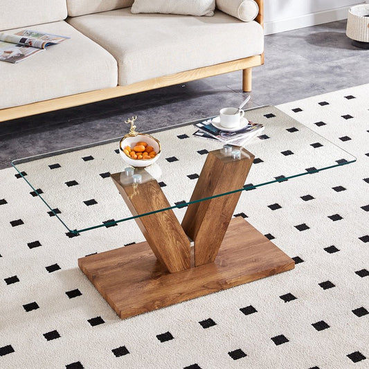 Sudica Modern Coffee Table with Tempered Glass Tabletop, 43 inch Tea Table with Wooden V Shape Base for Living Room