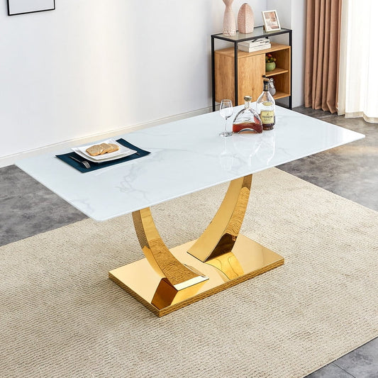 Sudica Modern Dining Table with White Marble Patterned Tabletop, 71 inch Large Dining Room Table with Golden U shape Base for Kitchen