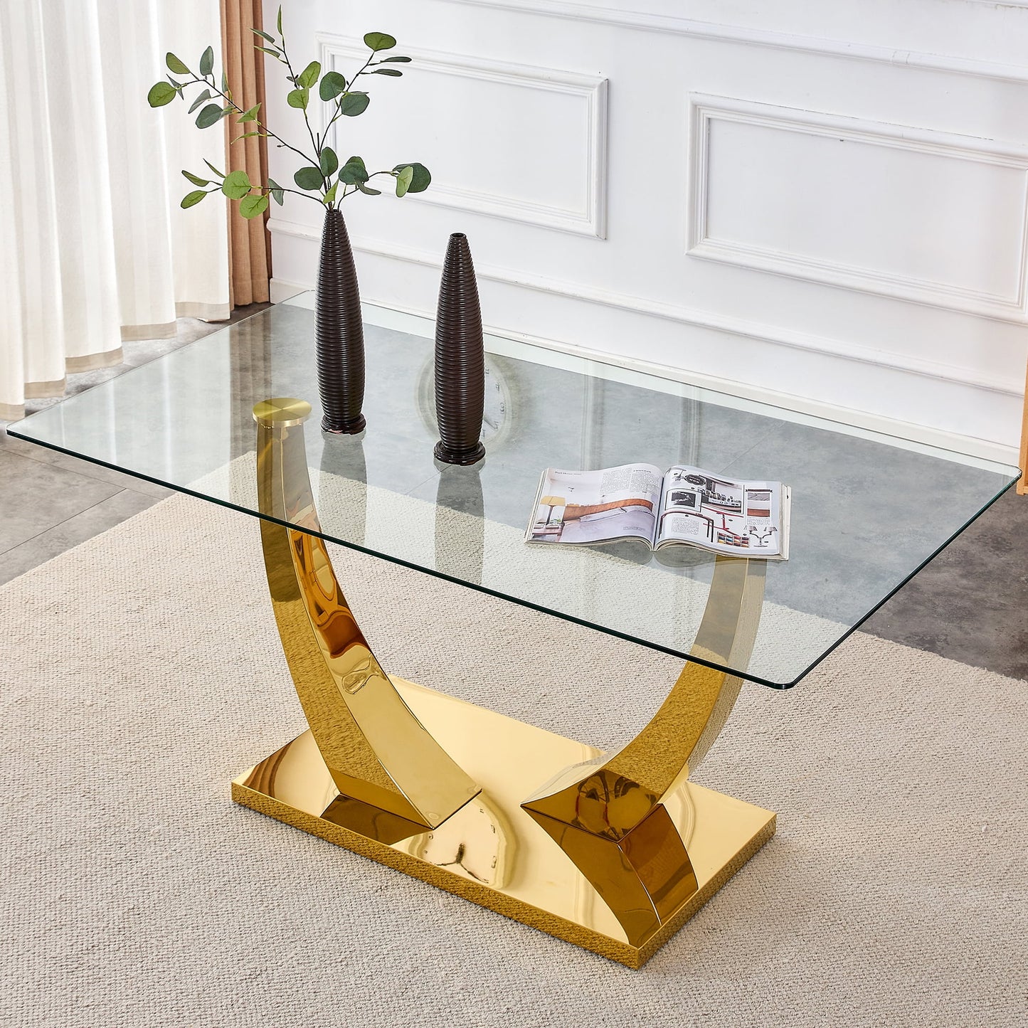 Sudica Modern Glass Dining Table, 63 inch Large Dining Room Table with Golden U shape Base for Kitchen