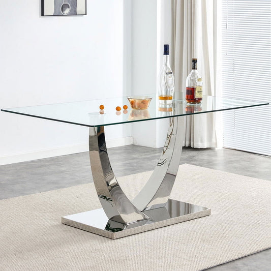 Sudica Modern Glass Dining Table, 63 inch Large Dining Room Table with Silver U shape Base for Kitchen