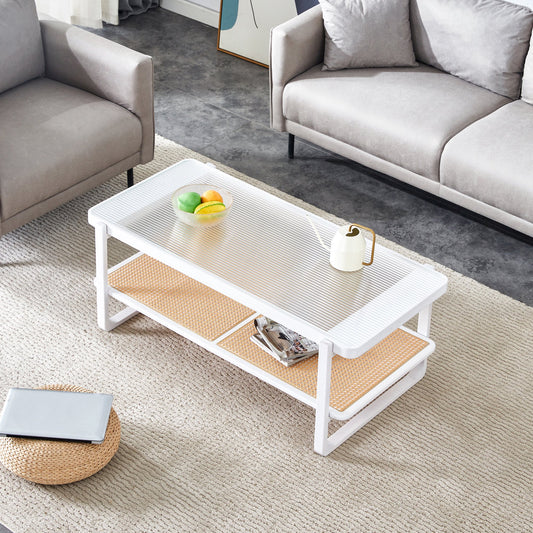 Sudica Rattan Coffee Table with Glass Top Wooden Rectangular Coffee Table with Storage Shelf,White