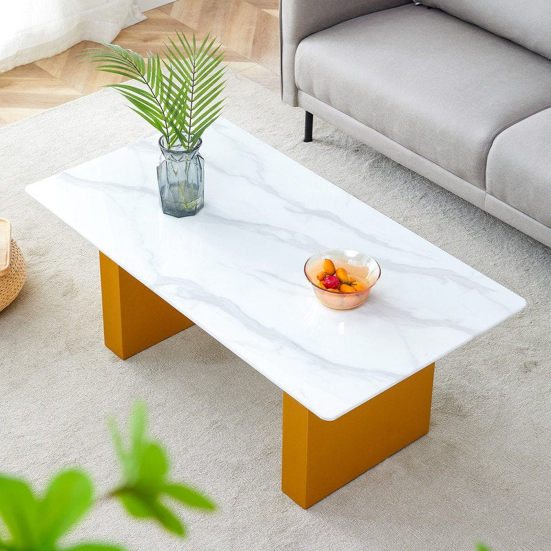 Sudica Rectangular Coffee Table, 43 inch Modern Tea Table with Marble Patterned Tabletop and Golden Legs for Living Room