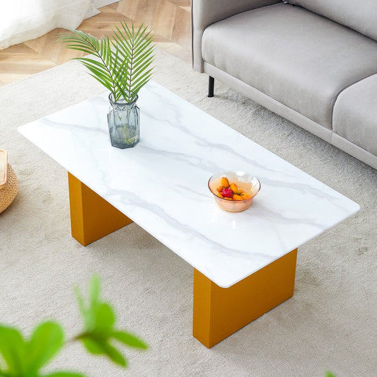 Sudica Rectangular Coffee Table, 43 inch Modern Tea Table with Marble Patterned Tabletop and Golden Legs for Living Room