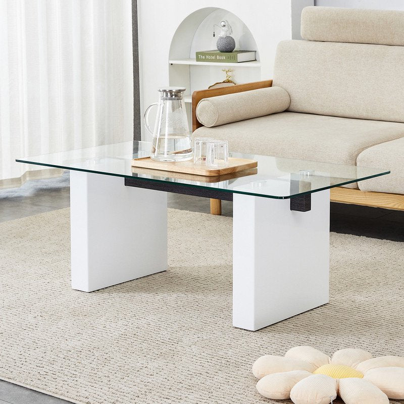 Sudica Rectangular Coffee Table, 43 inch Modern Tea Table with Tempered Glass Tabletop and White Legs for Living Room