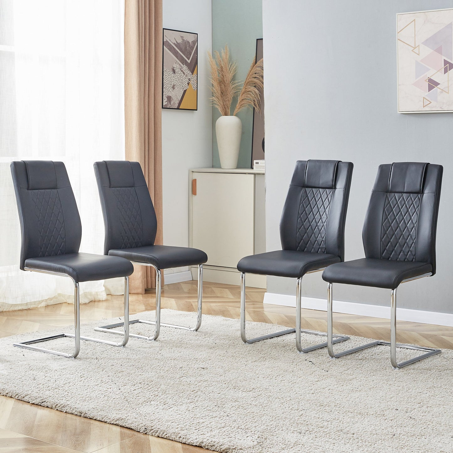 Sudica Upholstered Dining Chairs Set of 4 PU Leather Dining Room Chair with Silver Metal Legs，Black