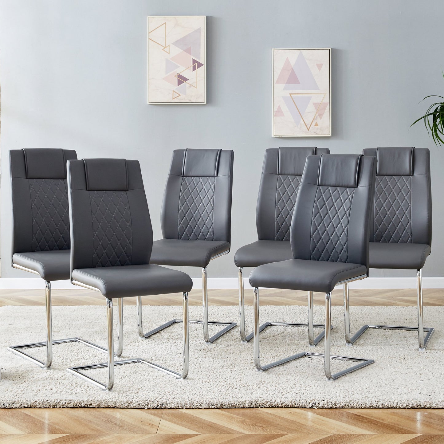 Sudica Upholstered Dining Chairs Set of 6 PU Leather Dining Room Chair with Silver Metal Legs,Dark Gray