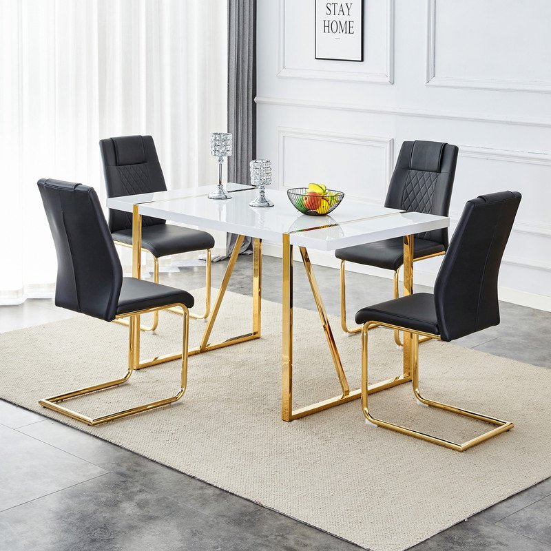 Sudica White Dining Table Set with Gold Legs, 55 inch Kitchen Table and Faux Leather Dining Chairs for Kitchen,Black