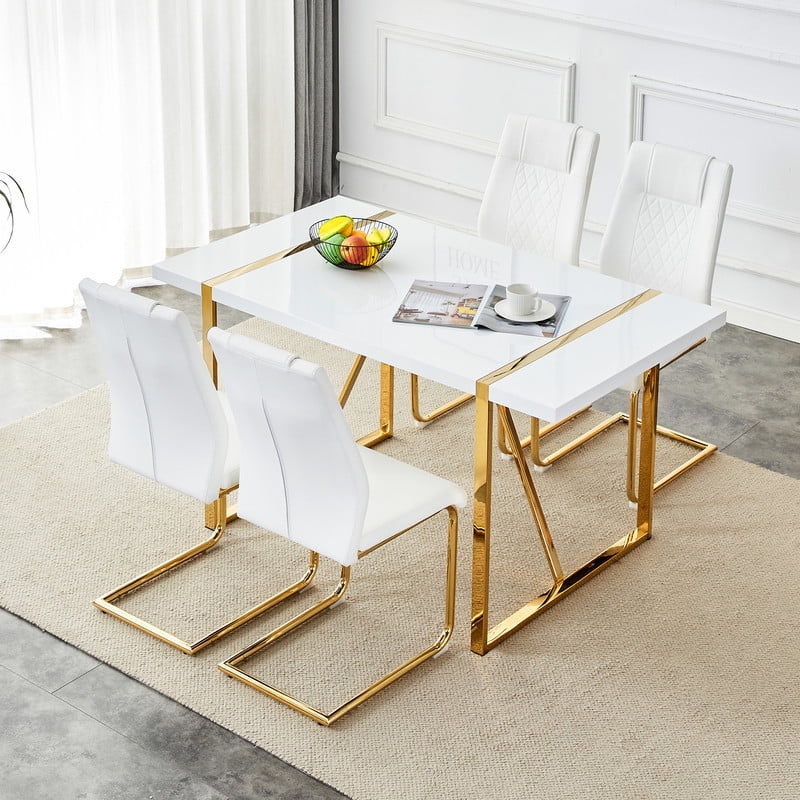 Sudica White Dining Table Set with Gold Legs, 55 inch Kitchen Table and Faux Leather Dining Chairs for Kitchen,White