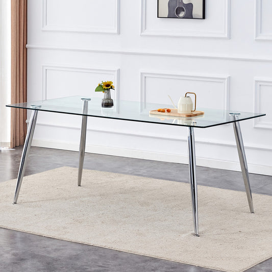 Tempered Glass Dining Table for 6, Sudica 71 inch Modern Rectangular Glass Kitchen Table with 4 Silver Plating Metal Legs