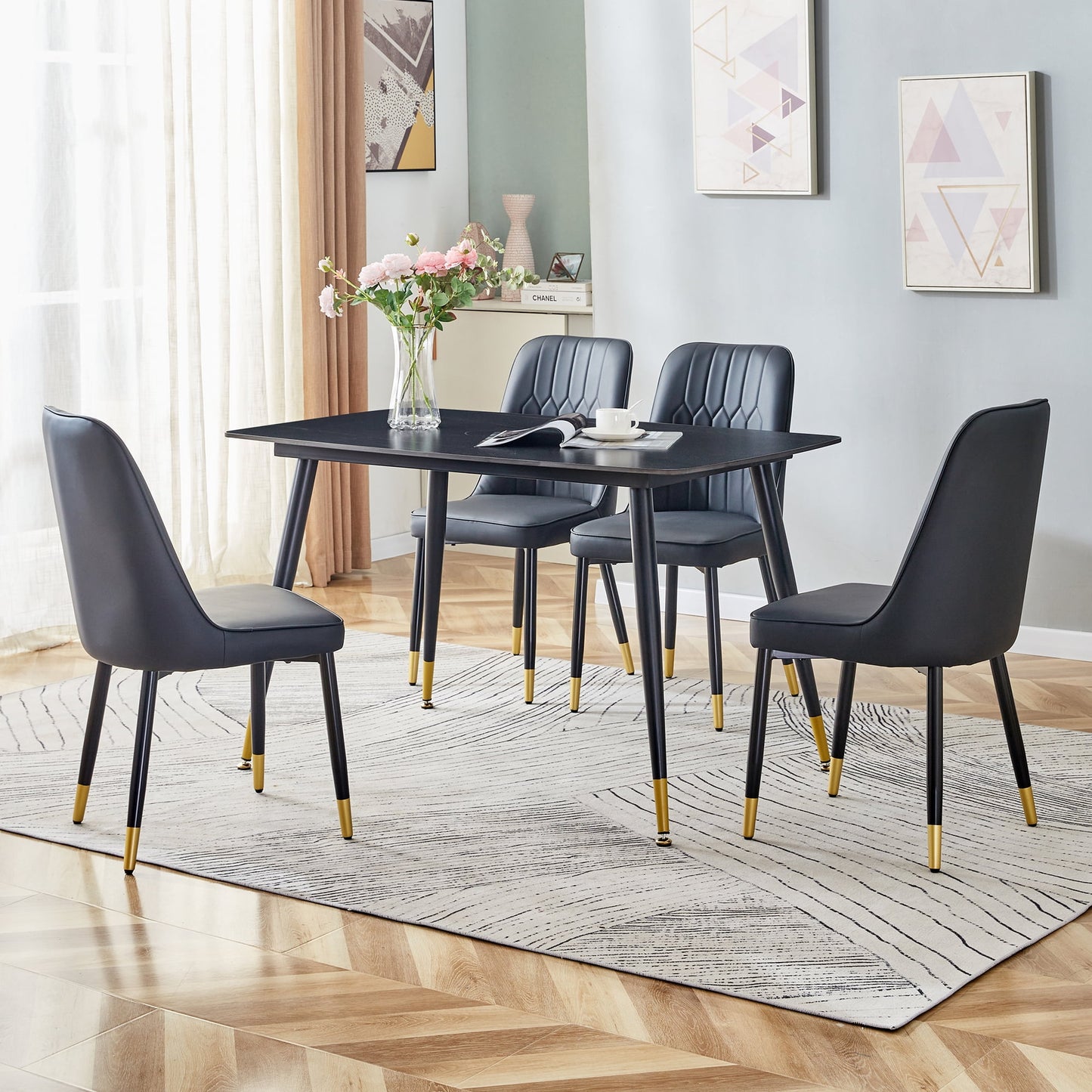 Sudica 5-Piece Kitchen Dining Table Set,Black Faux Marble Dining Tabletop with 4 Faux Leather Dining Room Chairs, Black