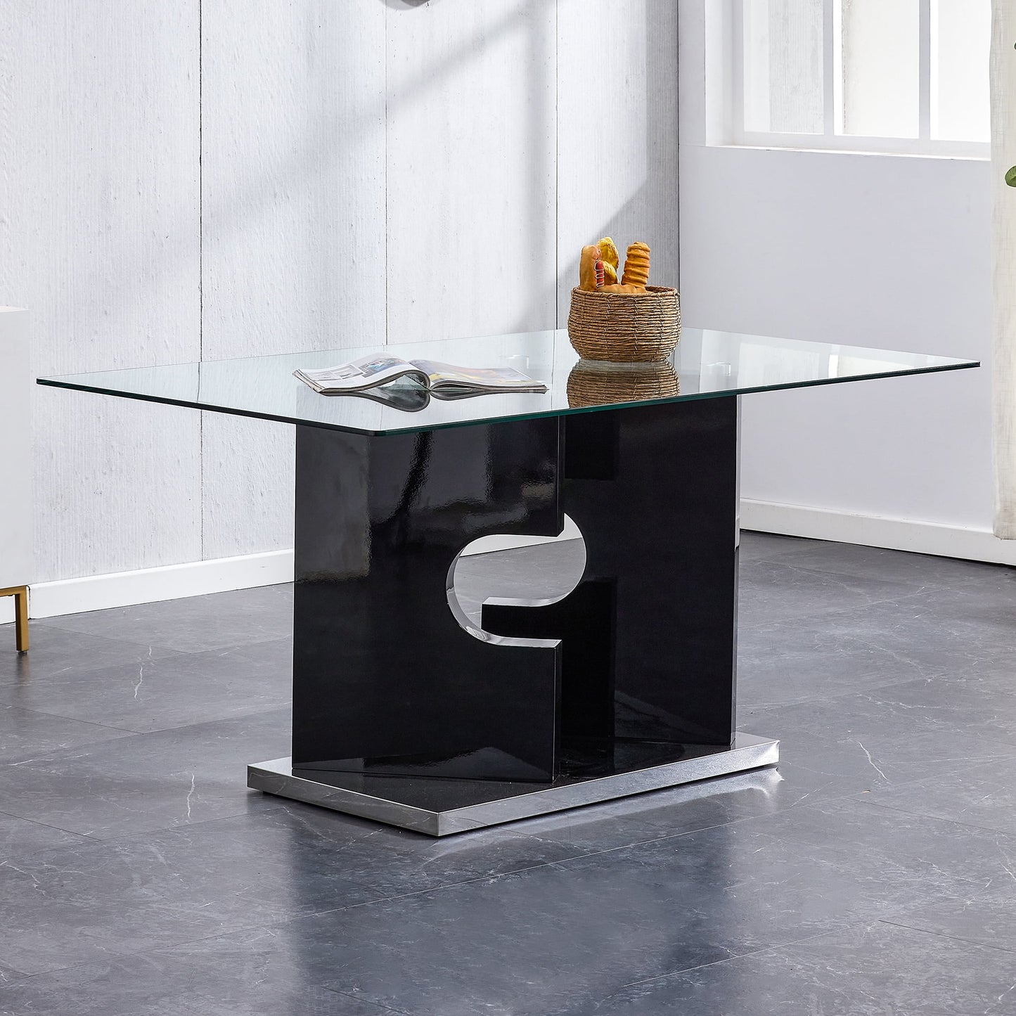 Sudica Glass Dining Table, 63" Large Dining Table with Black Base for Kitchen Dining Room