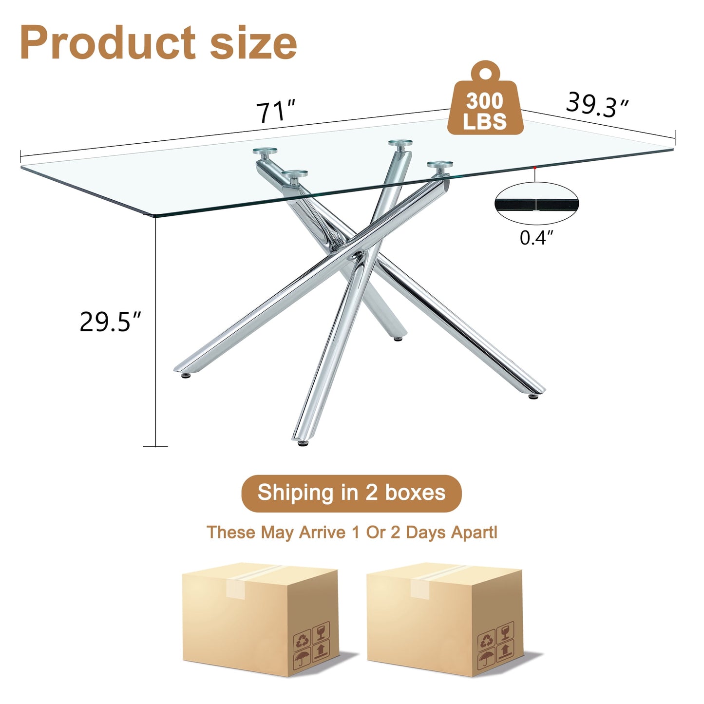 Sudica Modern Large Rectangular Glass Table for 6-8 with 0.39" Tempered-Glass Tabletop, Metal Legs for Kitchen Dining Room, Silver