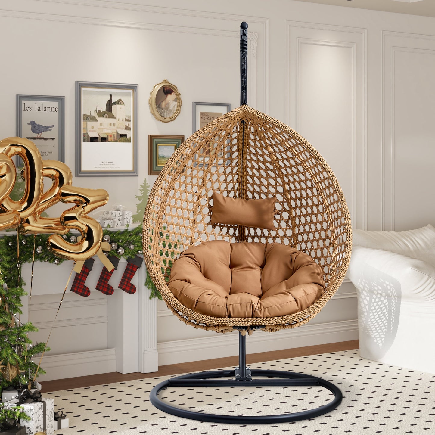 Sudica Egg Swing Chair with Stand Patio Soft Cushion Rattan Wicker Hanging Egg Chair for Bedroom, Garden 350lbs Capacity, Light Browm