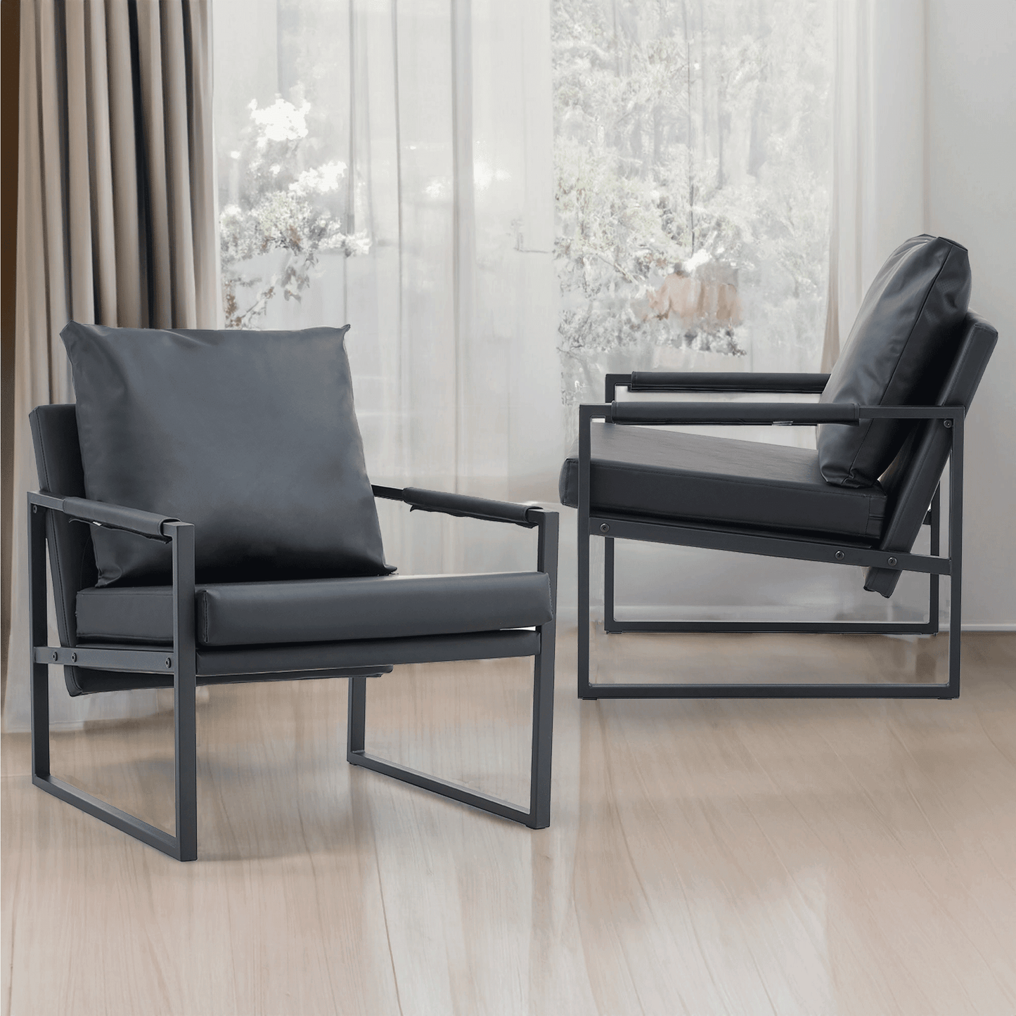 Faux Leather Modern Accent Chair with Metal Frame Living Room Armchair, Black