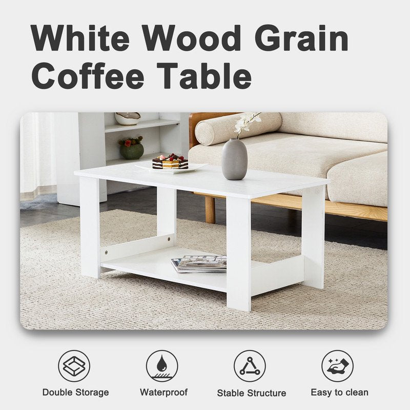 Sudica 35.4 inch Coffee Table with Storage Shelf Rectangular Rustic Wood Cocktail Table for Living Room,White