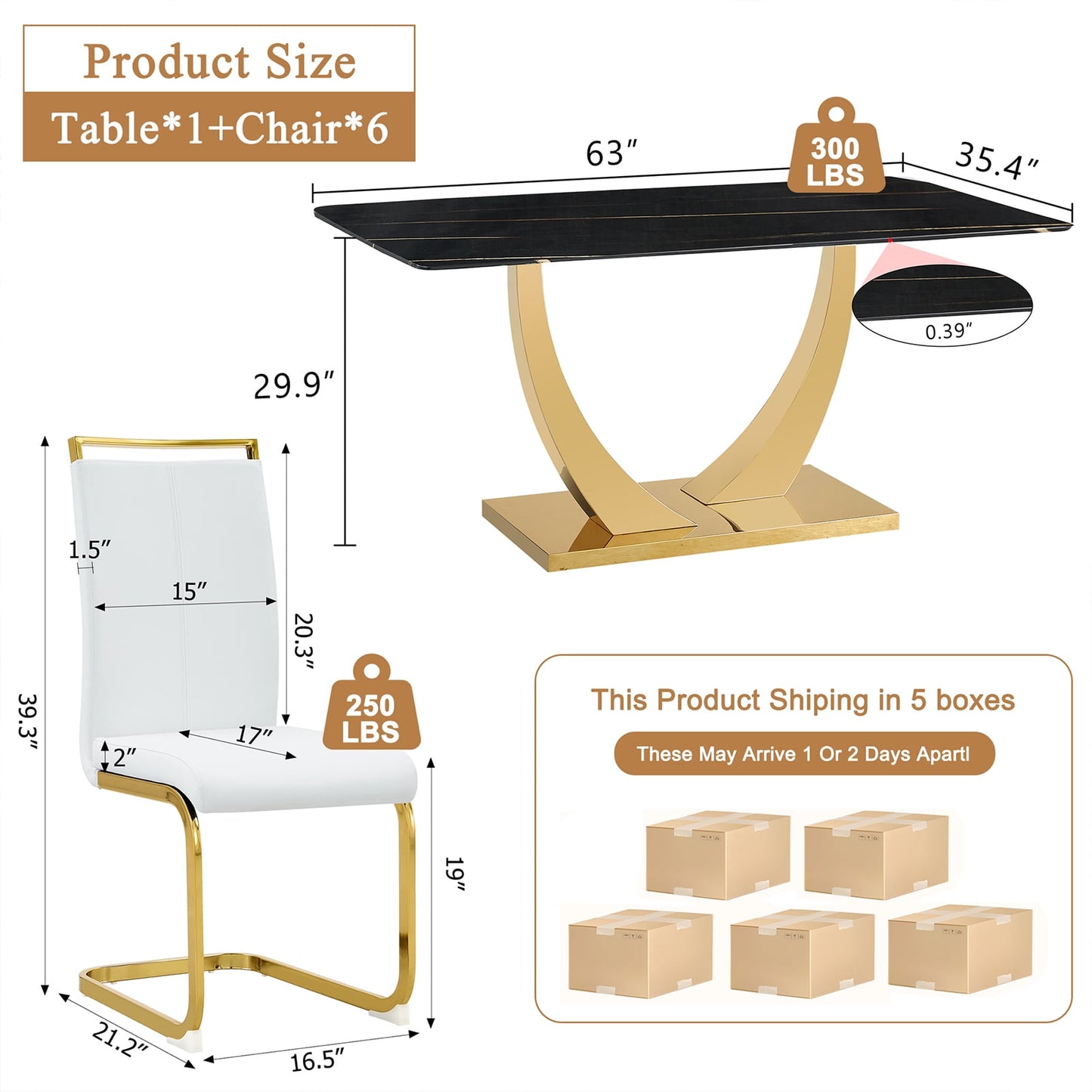 7-Piece Dining Table Set, Sudica Rectangular Faux Marble Kitchen Table with 6 Leather Gold Legs Dining Chairs, White