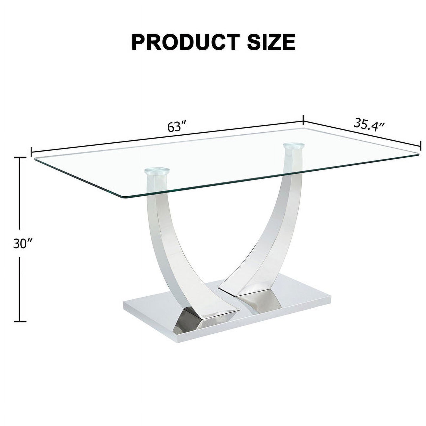 Sudica Modern Glass Dining Table, 63 inch Large Dining Room Table with Silver U shape Base for Kitchen