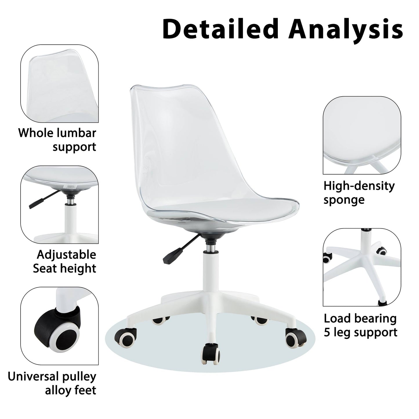 Sudica Acrylic Office Chair with PU Padded Seat Clear Rolling Desk Chair for Bedroom