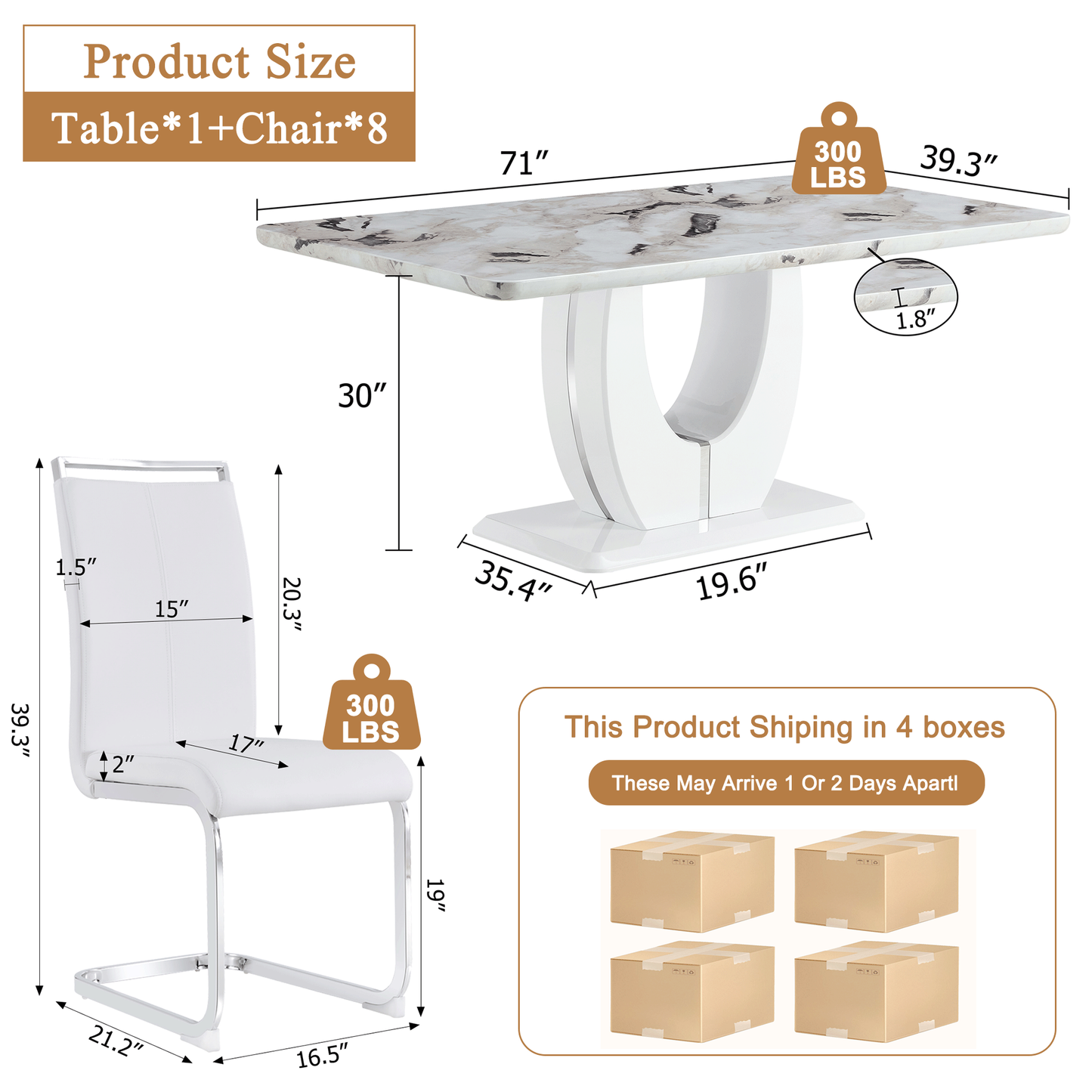 Sudica White Dining Table Set for 8, 71" Marble Kitchen Table with PU Leather Dining Room Chairs, White