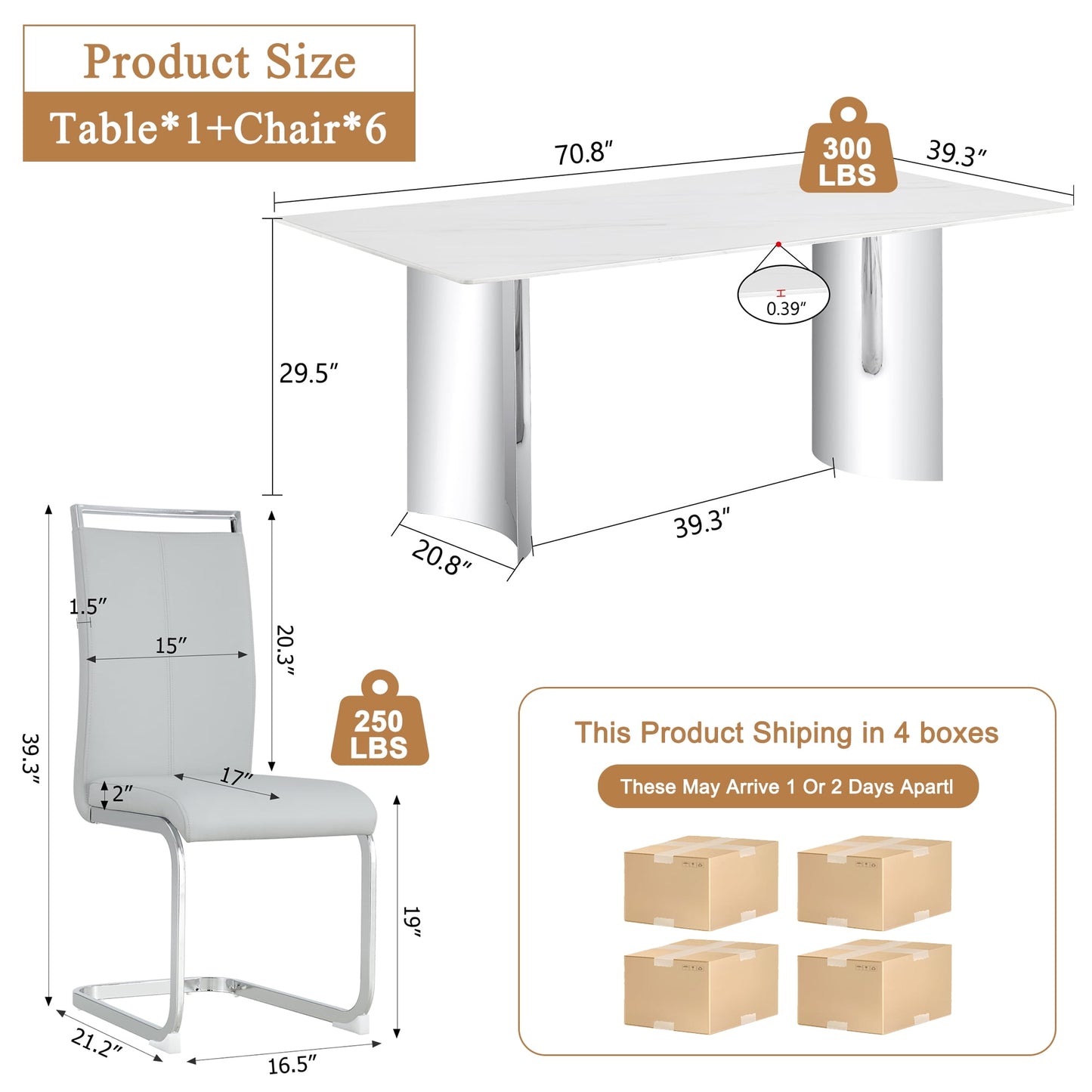 Dining Table Set for 6£¬Sudica 71" Faux Marble White Rectangular Dining Table and Upholstered PU Leather Dining Room Chairs for Kitchen,Light Gray