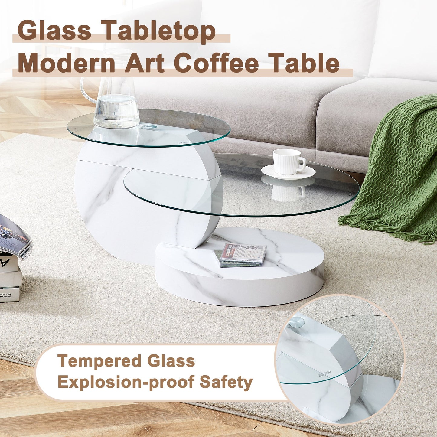 Sudica Modern Coffee Table with Double-layer Round Glass Tabletop，27 inch Tea Table with White Marble Patterned Base,Center Table for Living Room