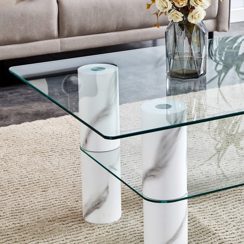 Modern Minimalist Double Layered Transparent Tempered Glass Coffee Table,47 inch Sudica Rectangular Tea Table with White Legs