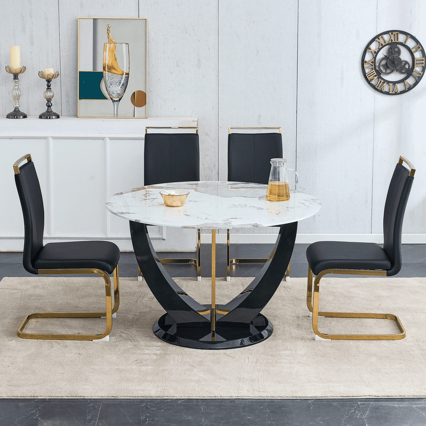 Sudica Round Dining Set for 4, 48" Round Marble Dining Table with PU Leather Dining Chairs, Gold Legs, Black