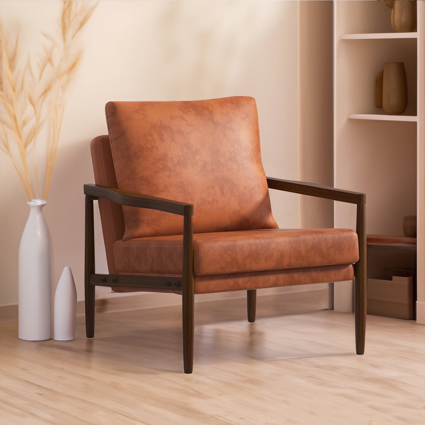 Sudica Wooden Accent Chair, Mid-Century Modern Padded Armchair with Wood Legs for Living Room,Walnut