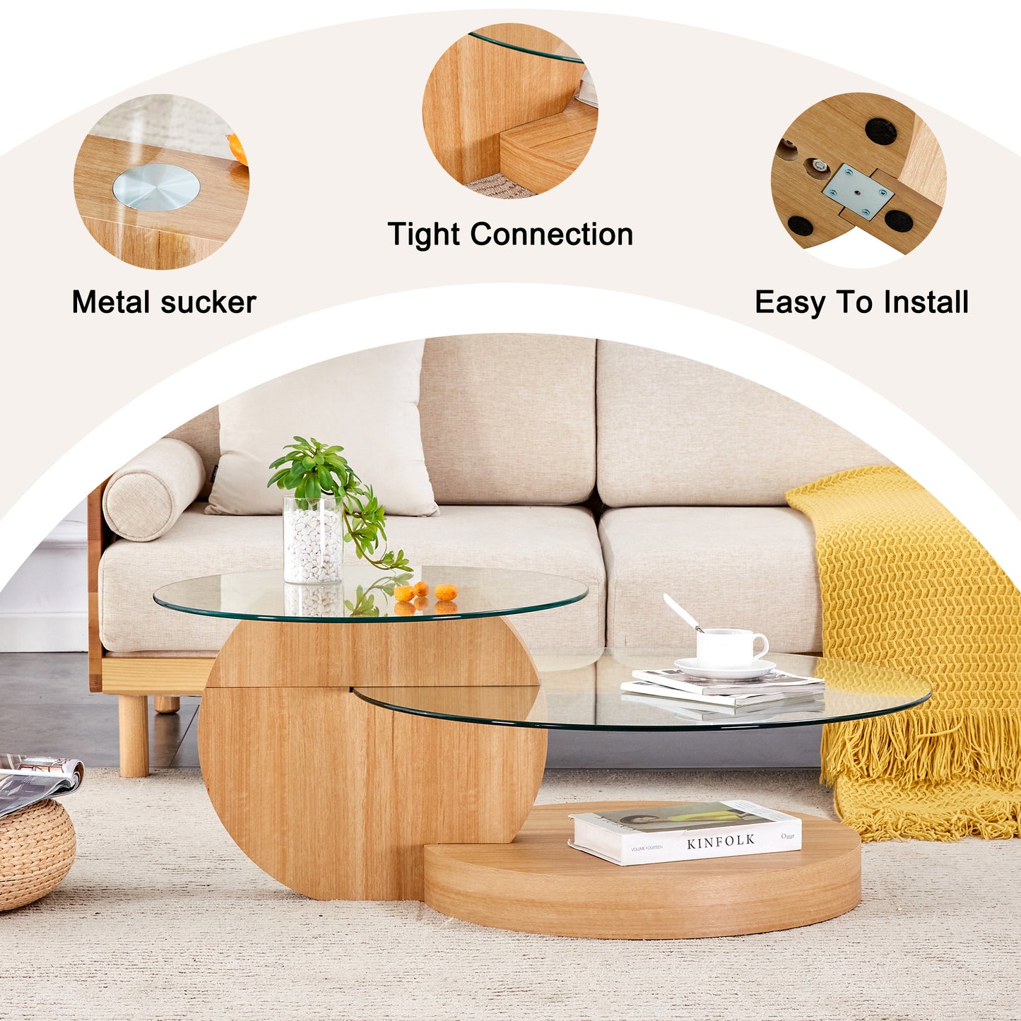 Sudica Modern Coffee Table with Double-layer Round Glass Tabletop，31 inch Tea Table with Light Wood Grain Base,Center Table for Living Room