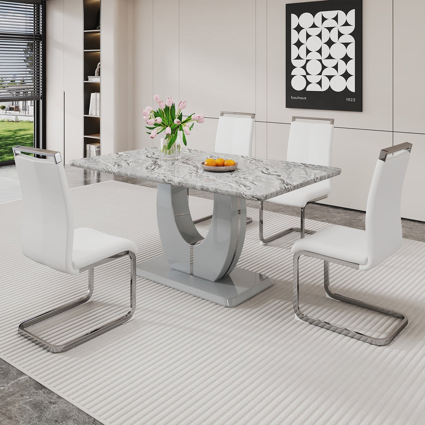 Modern Dining Table Set for 4,Sudica Rectangular Marble Kitchen Table Set with 4 PU Leather Upholstered Dining Room Chairs, White