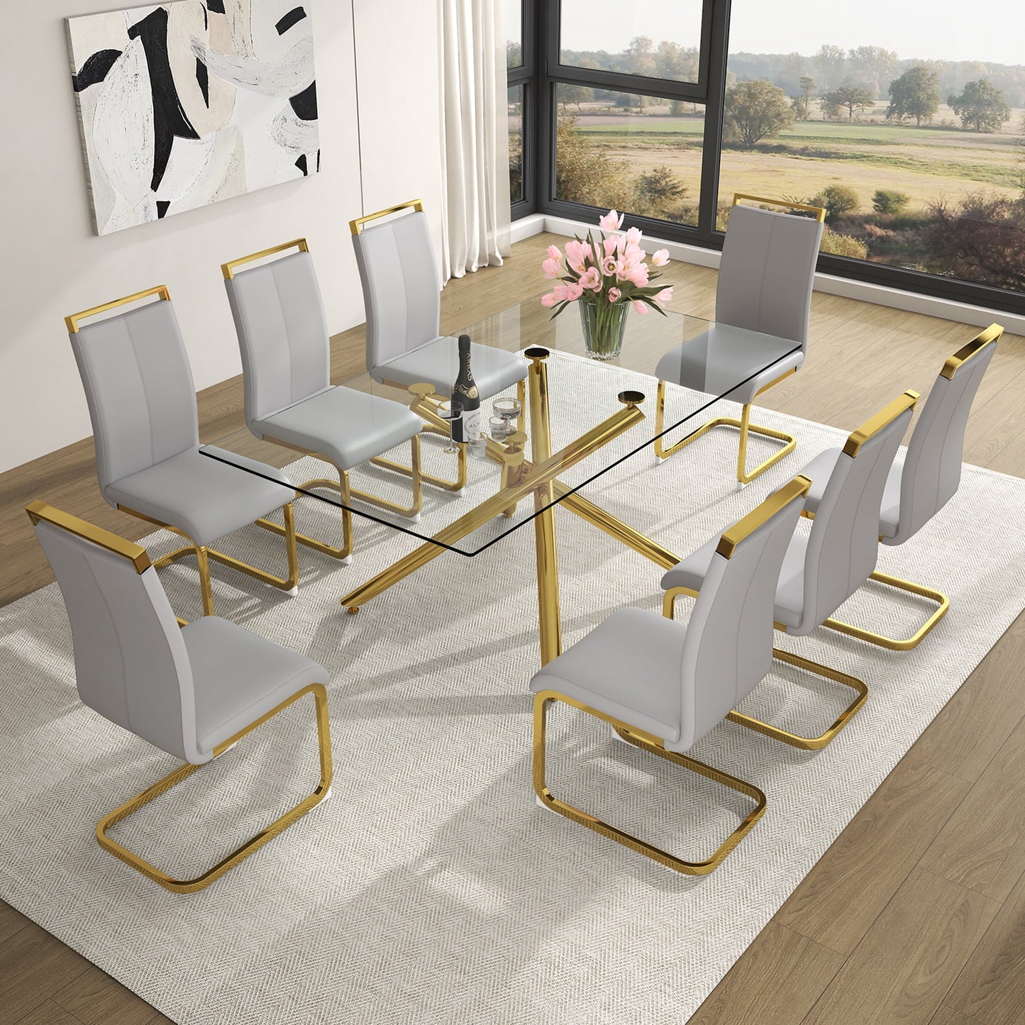 Sudica Glass Dining Table Set for 8, 71" Large Rectangular Kitchen Glass Dinner Table with Upholstered Golden Legs Dining Room Chairs, Light Gray