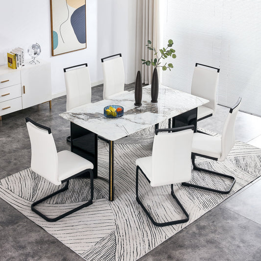 Sudica Dining Set for 6, Rectangular Marble Kitchen Table with Uphlostered White Dining Room Chairs, Black Legs