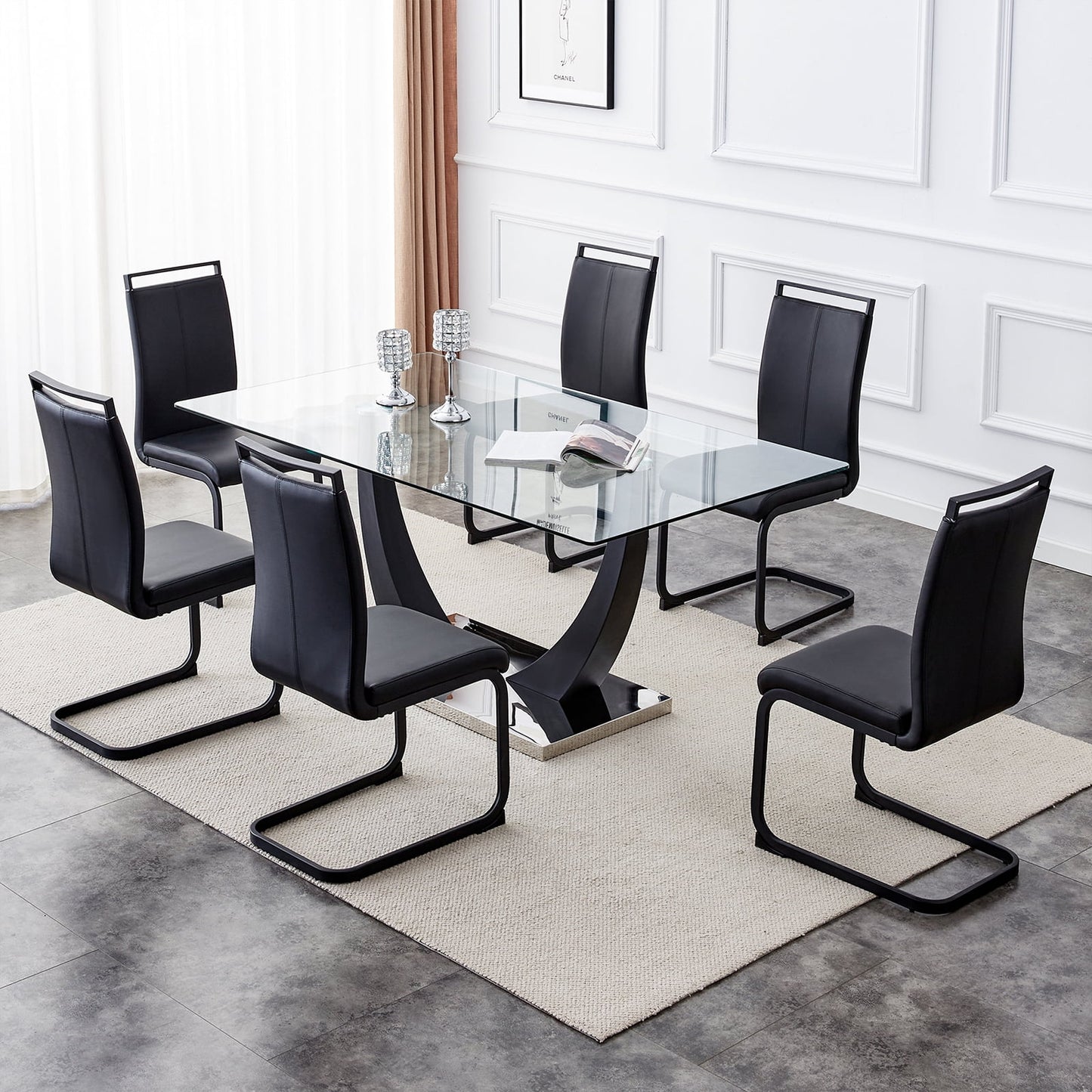 7-Piece 67"Glass Dining Table Set, Sudica Modern Table & Chair Set with 6 PU Leather Padded Dining Chairs, Black