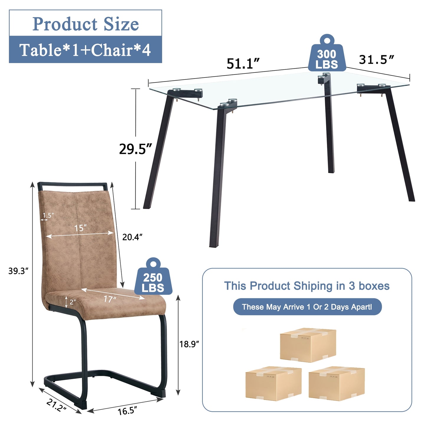 Sudica Dining Set for 4, Glass Rectangular Kitchen Table Set with Upholstered Dining Chairs