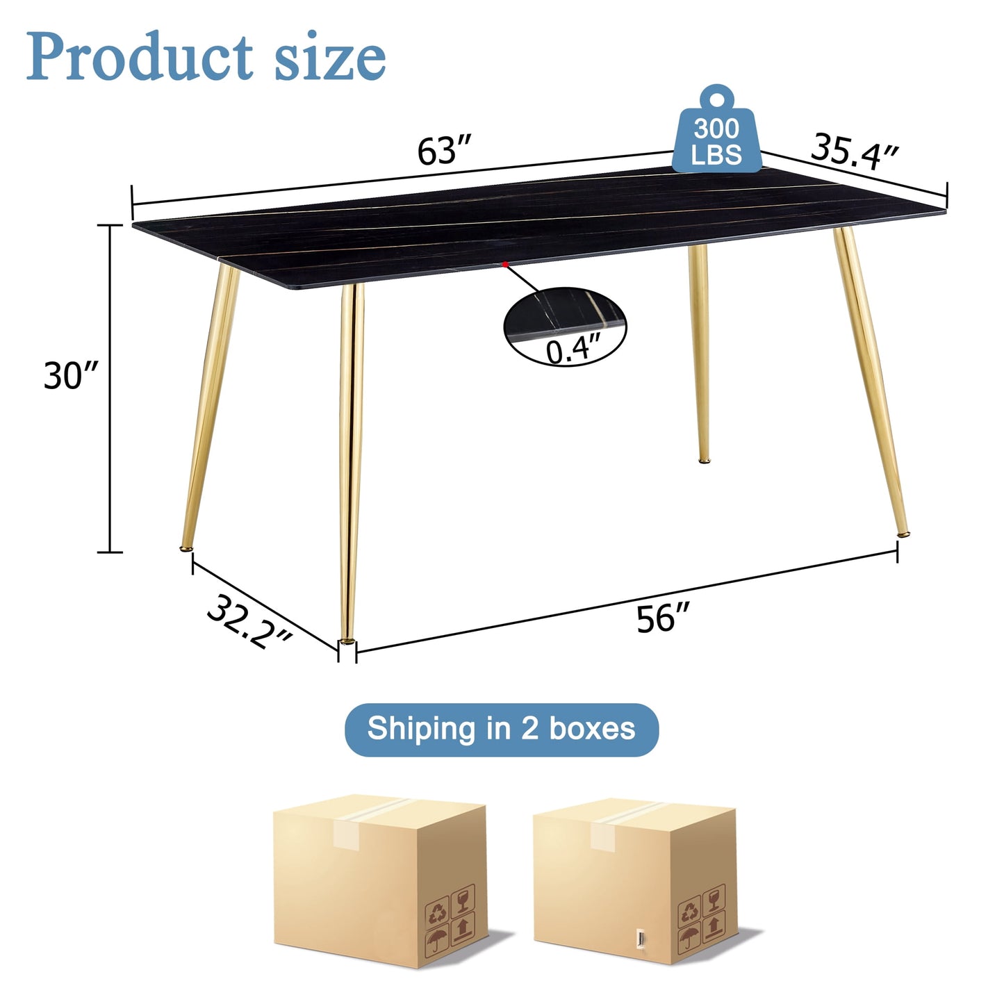 Dining Table with Marble Grain for 6, Sudica 63" Large Rectangular Kitchen Table with 4 Golden Plating Metal Legs