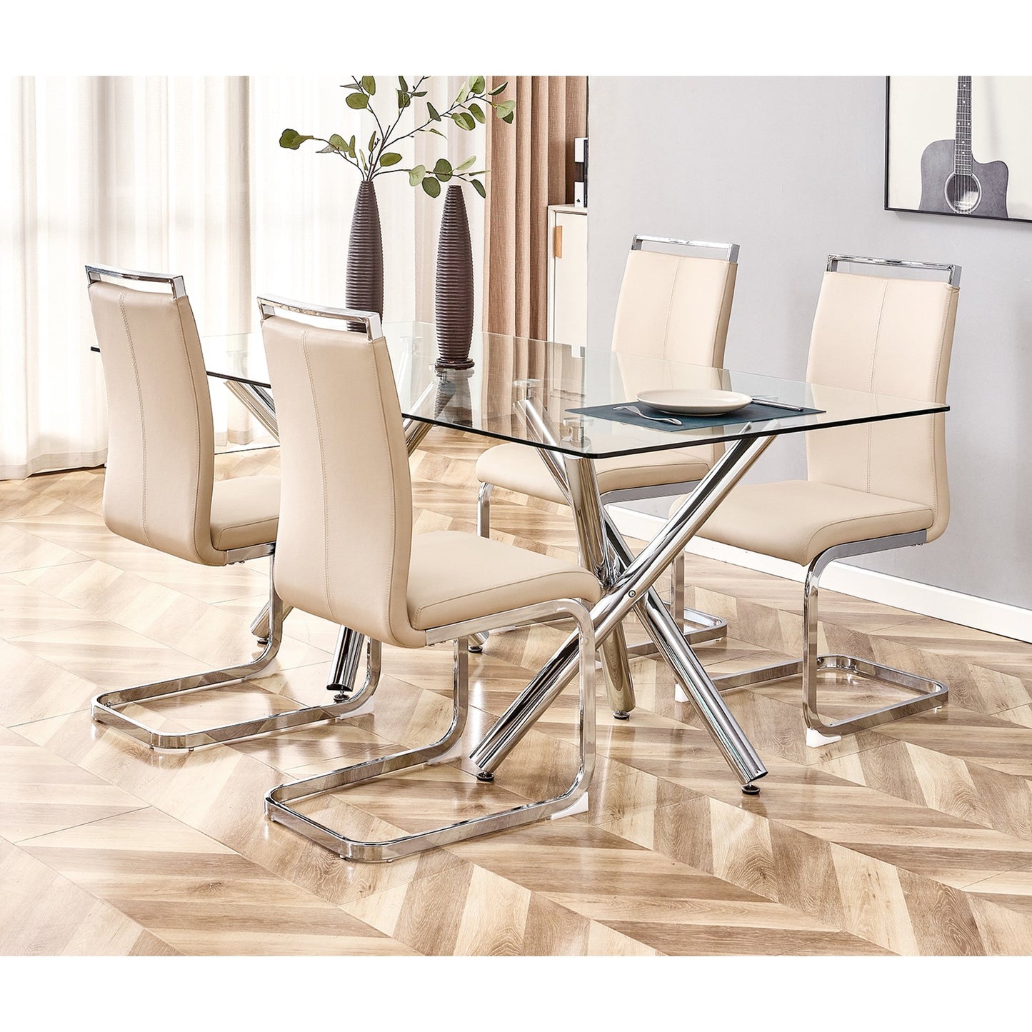 Sudica Dining Chairs Set of 2 Upholstered PU Leather Modern Kitchen Chairs with Chomon Legs, Beige