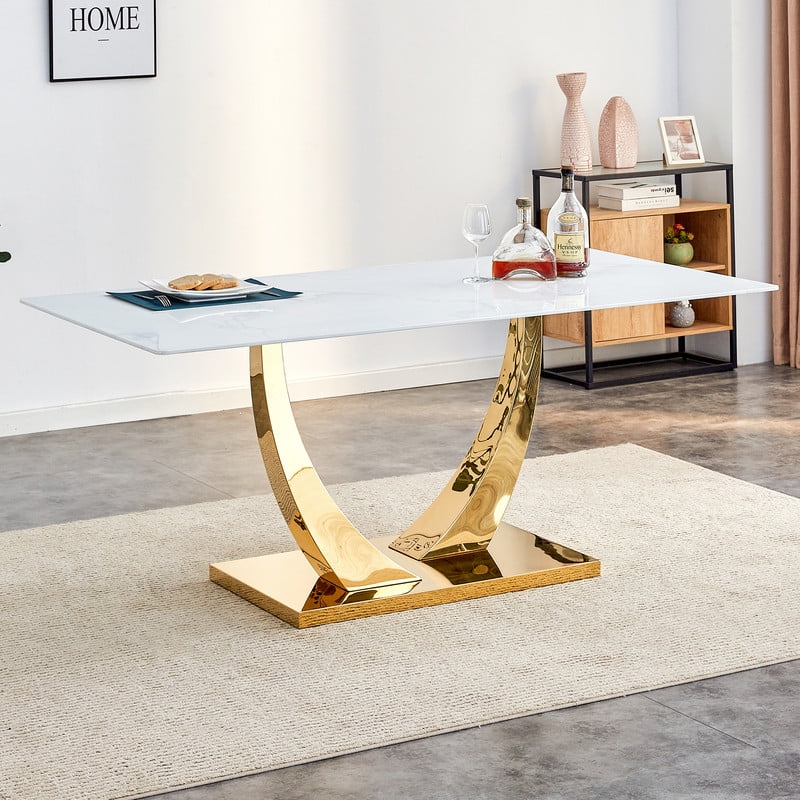 Sudica Modern Dining Table with White Marble Patterned Tabletop, 71 inch Large Dining Room Table with Golden U shape Base for Kitchen