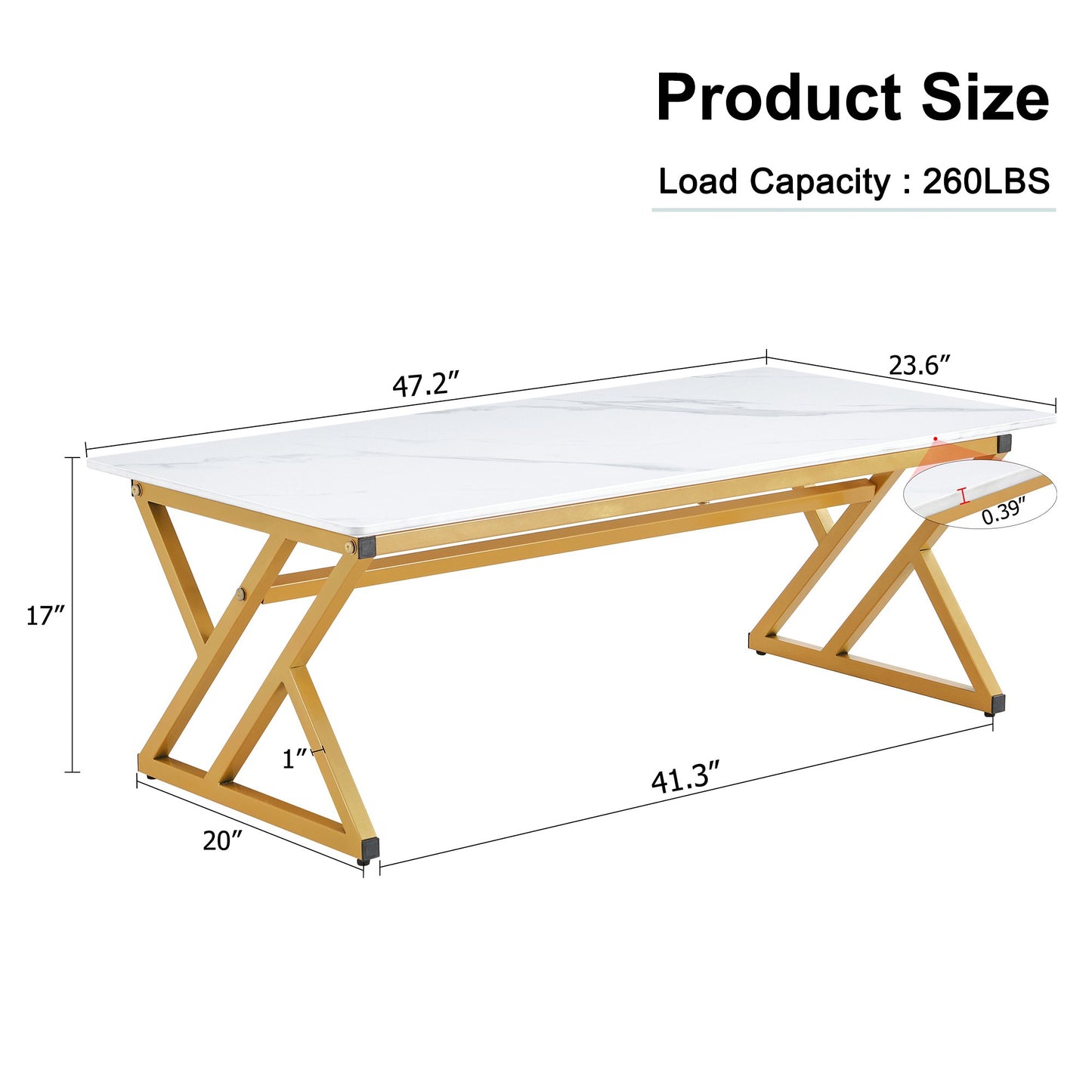 Sudica White Faux Marble Coffee Table with golden Legs, 47 inch Modern Rectangular Center Table for Living Room