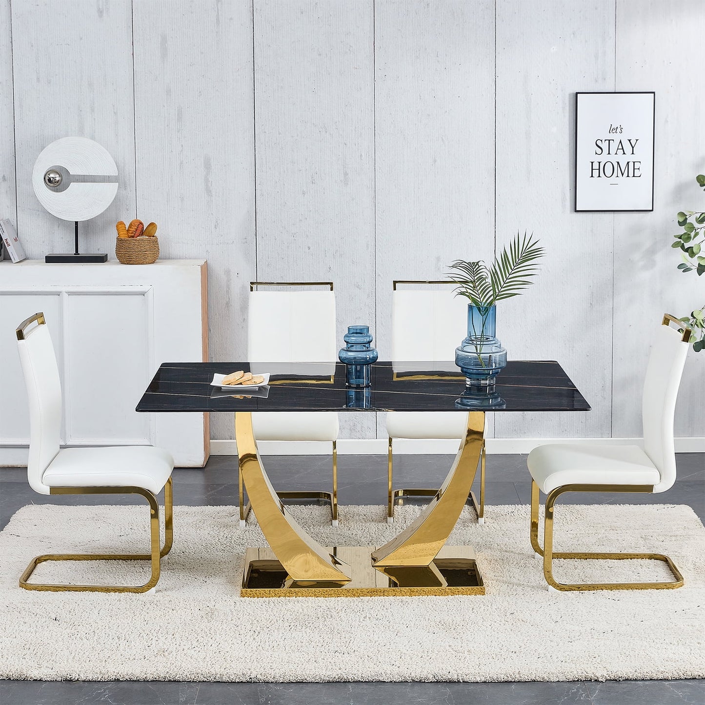 5-Piece Dining Table Set, Sudica Rectangular Faux Marble Kitchen Table with 4 Leather Gold Legs Dining Chairs, White